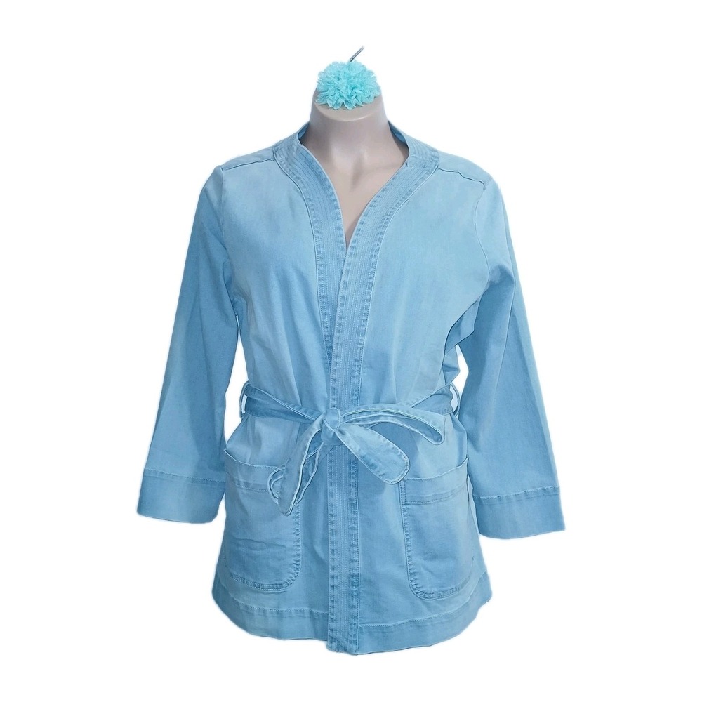 Denim & Co Women Belted Wrap Jacket 3X Blue Chore Patch Pockets Light Wash Jean